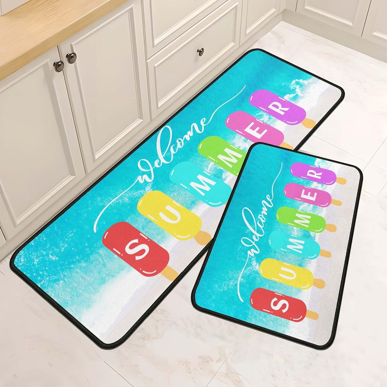 Summer Kitchen Rugs and Mats Set of 2, Non Slip Backing Welcome Coastal Kitchen Rug Summer Kitchen Decor Seasonal Holiday Ocean Home Decorations Kitchen Floor Mat 17"X47"+17"X30"